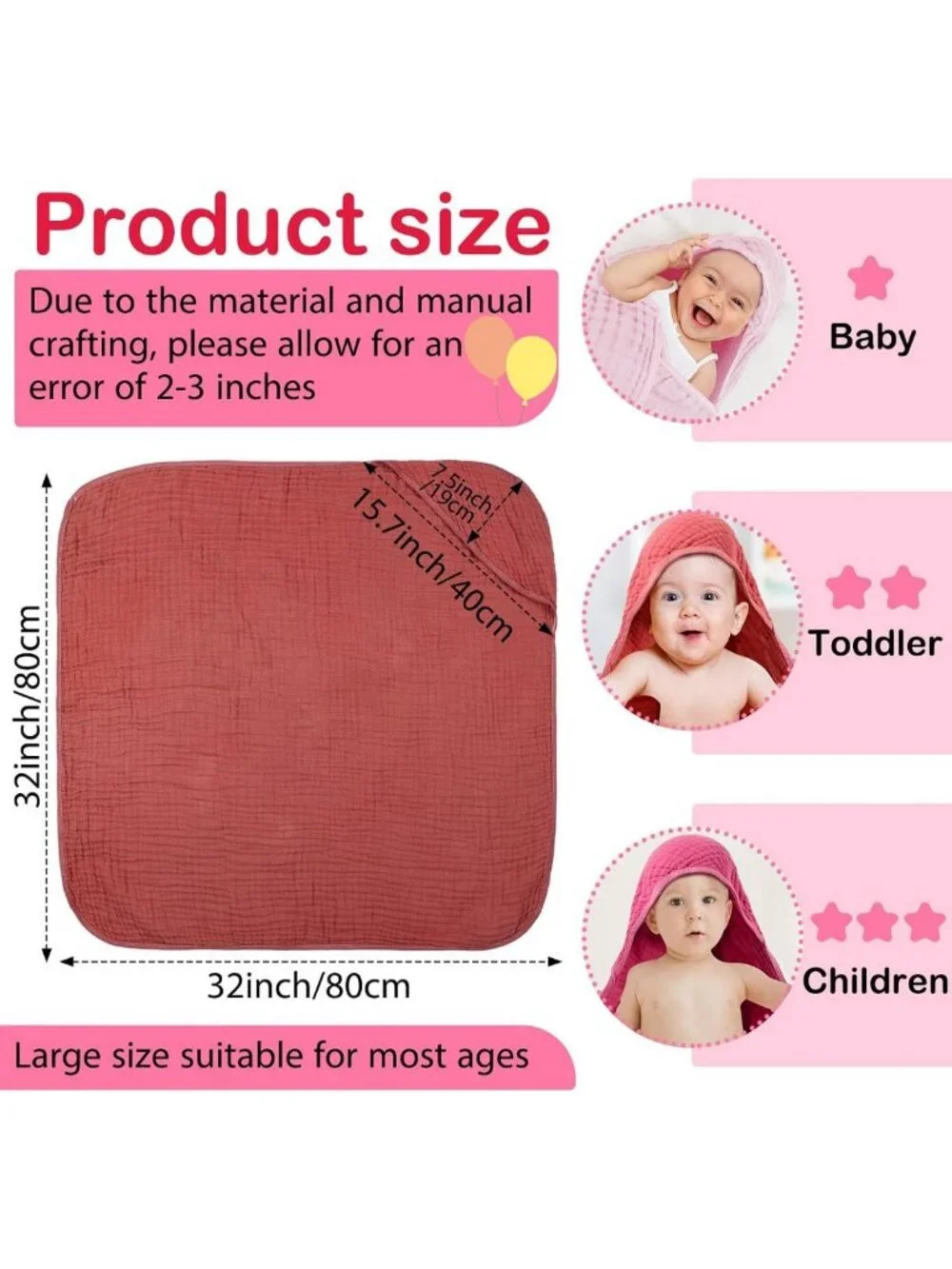 Soft Cotton Muslin Hooded Baby Towels - 6 Pack, Pink, Perfect for Bath Time